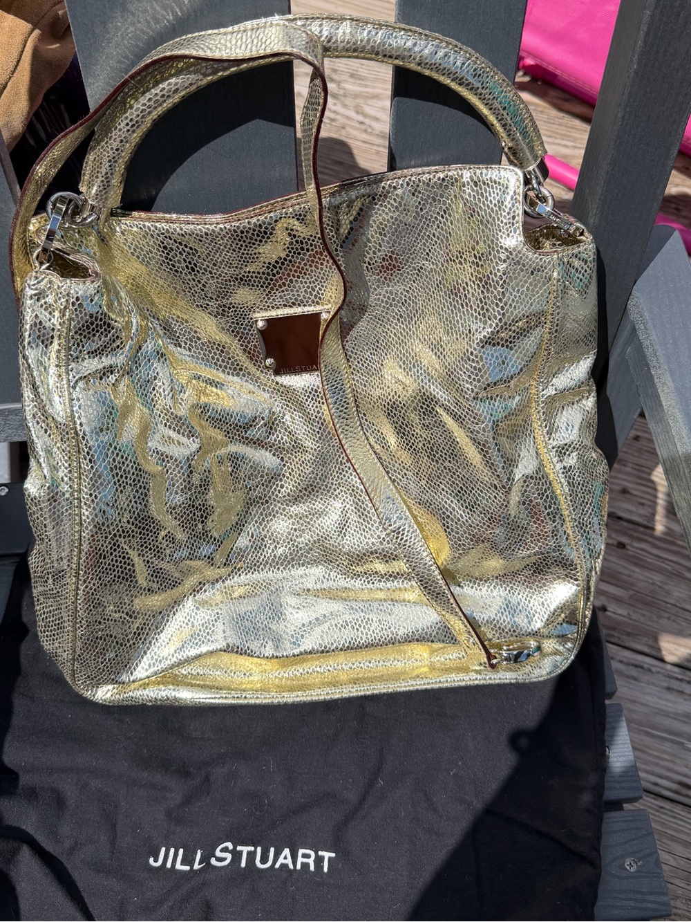 Jill Stuart Foil Snake Metallic Gold Pigskin Leather Handbag w/xbody strap New